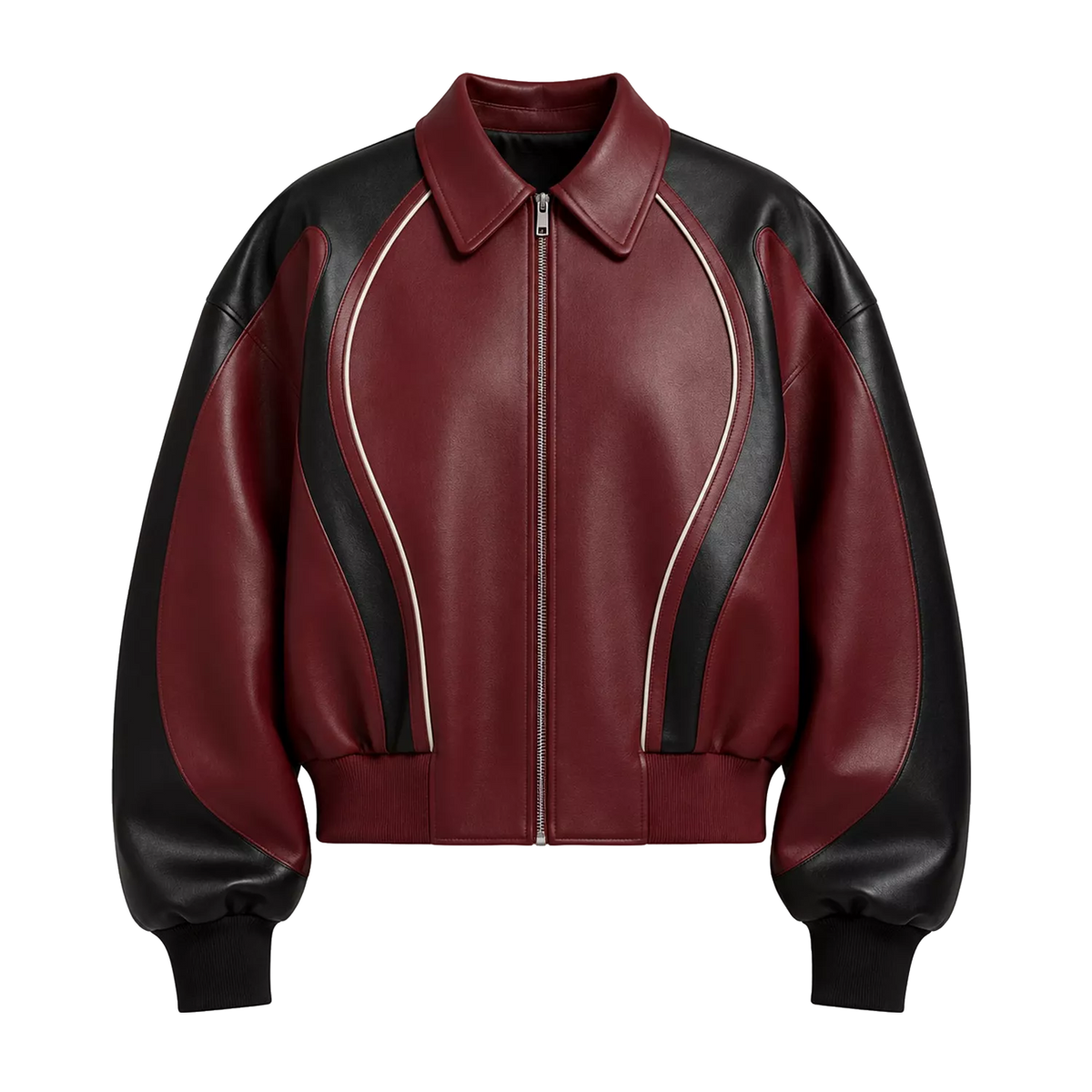 Men’s Burgundy Black Leather Bomber Jacket | Zip-Up Contrast Panel Jacket