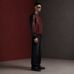 Men’s Burgundy Black Leather Bomber Jacket | Zip-Up Contrast Panel Jacket