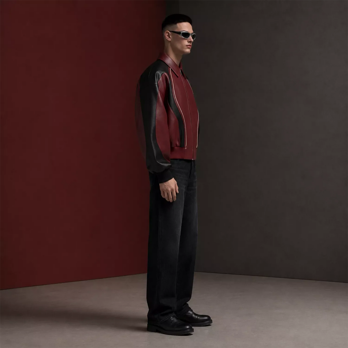 Men’s Burgundy Black Leather Bomber Jacket | Zip-Up Contrast Panel Jacket