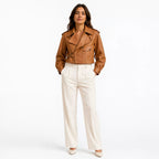 Women’s Tan Cropped Leather Biker Jacket | Asymmetric Moto Style Jacket