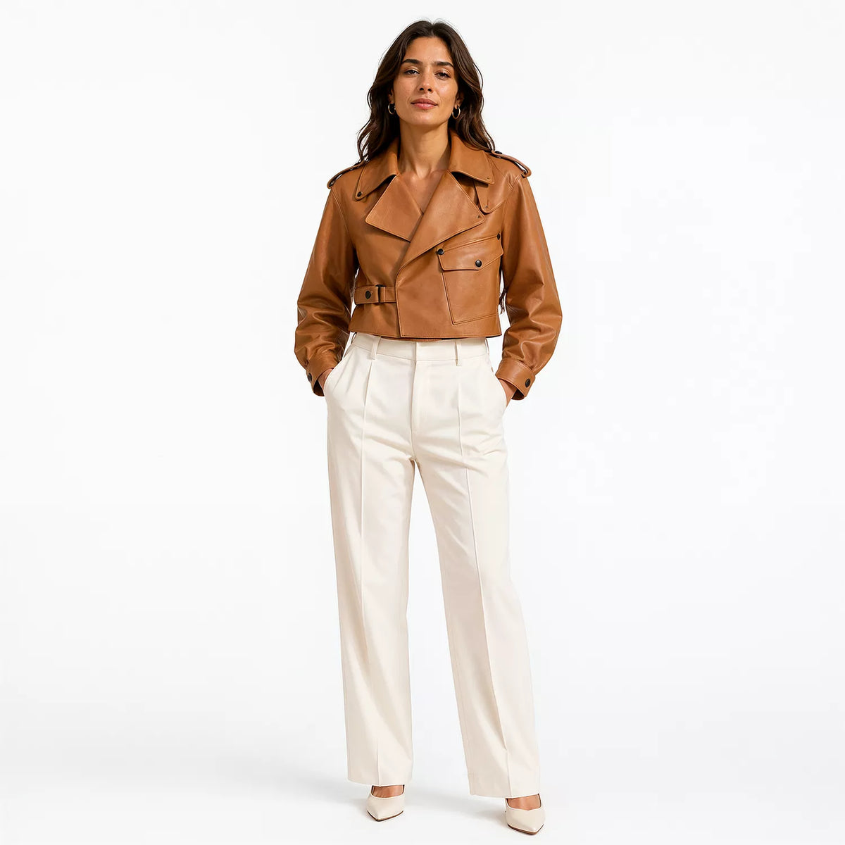 Women’s Tan Cropped Leather Biker Jacket | Asymmetric Moto Style Jacket