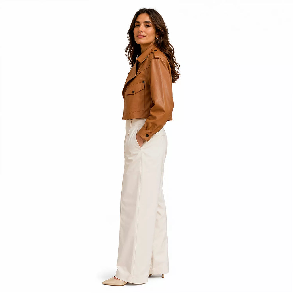 Women’s Tan Cropped Leather Biker Jacket | Asymmetric Moto Style Jacket