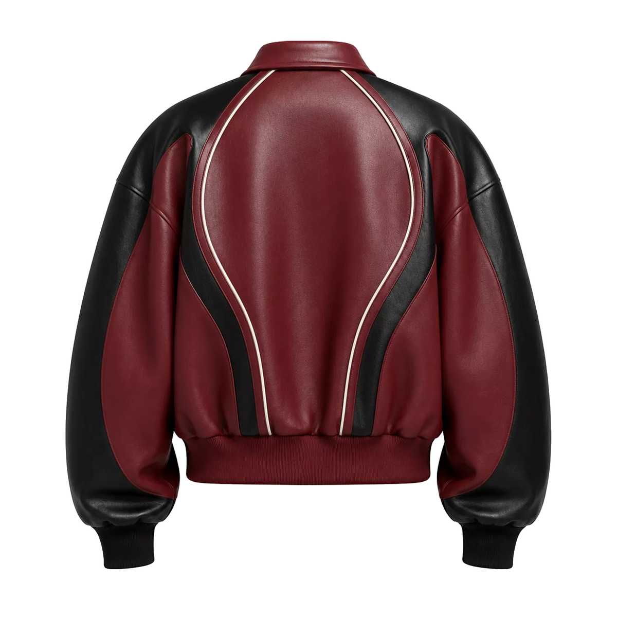Men’s Burgundy Black Leather Bomber Jacket | Zip-Up Contrast Panel Jacket