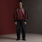 Men’s Burgundy Black Leather Bomber Jacket | Zip-Up Contrast Panel Jacket