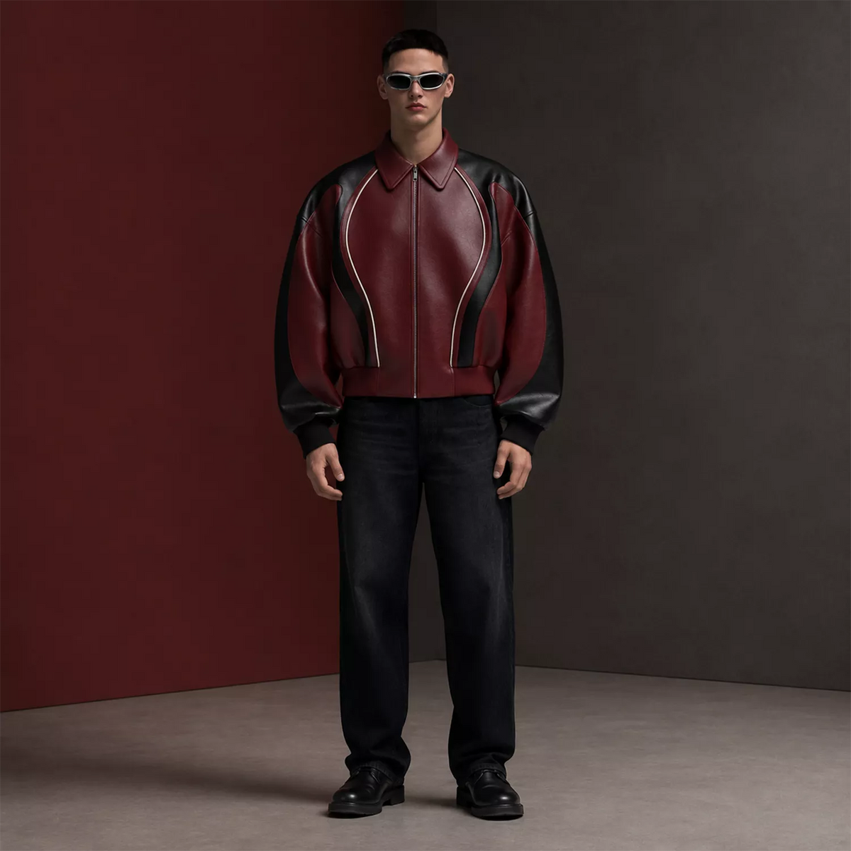 Men’s Burgundy Black Leather Bomber Jacket | Zip-Up Contrast Panel Jacket