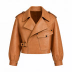 Women’s Tan Cropped Leather Biker Jacket | Asymmetric Moto Style Jacket