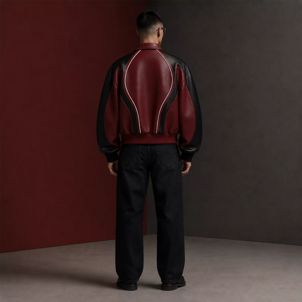 Men’s Burgundy Black Leather Bomber Jacket | Zip-Up Contrast Panel Jacket