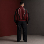 Men’s Burgundy Black Leather Bomber Jacket | Zip-Up Contrast Panel Jacket