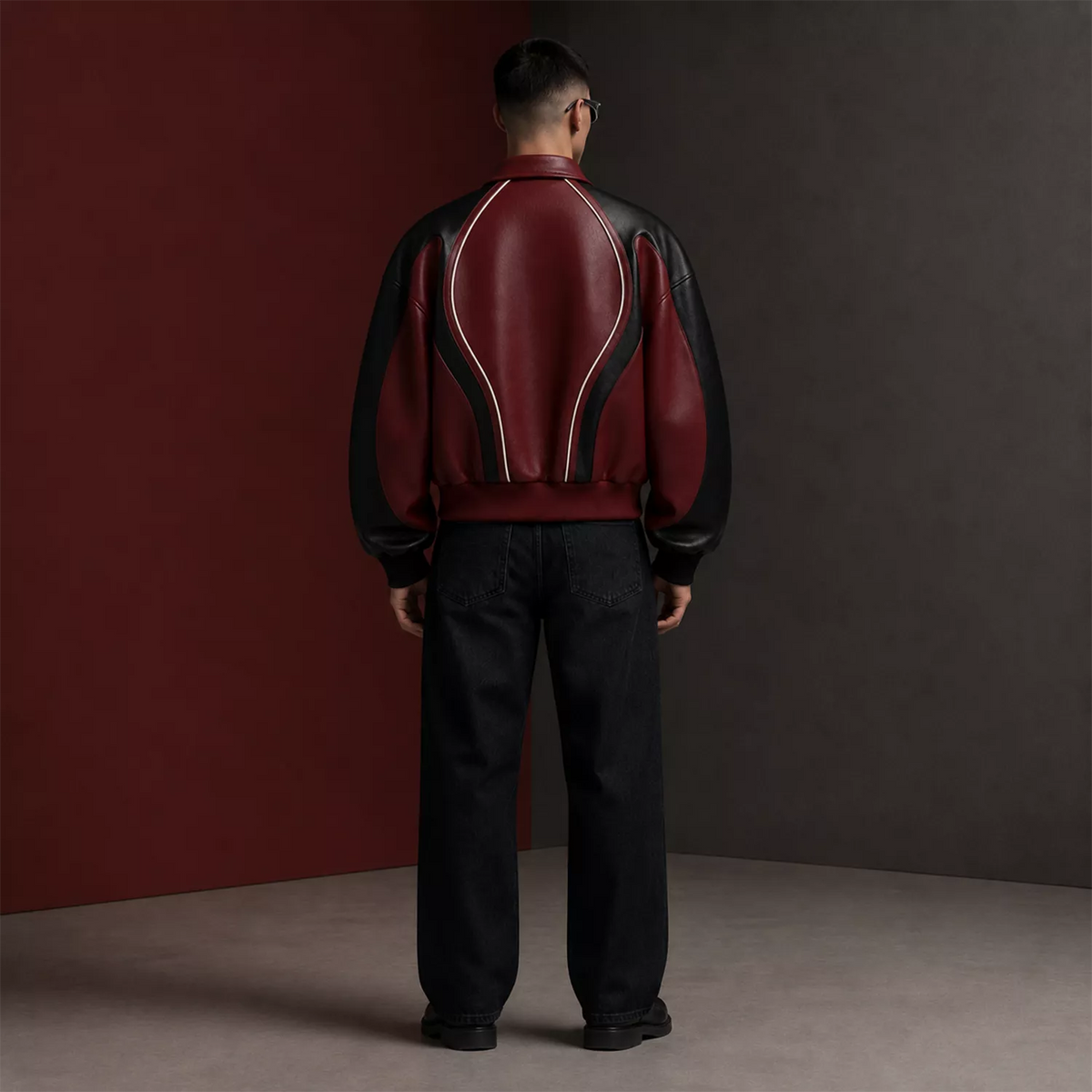 Men’s Burgundy Black Leather Bomber Jacket | Zip-Up Contrast Panel Jacket