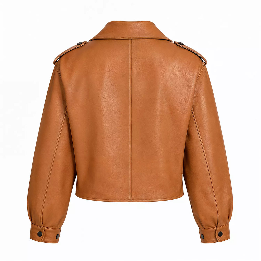 Women’s Tan Cropped Leather Biker Jacket | Asymmetric Moto Style Jacket
