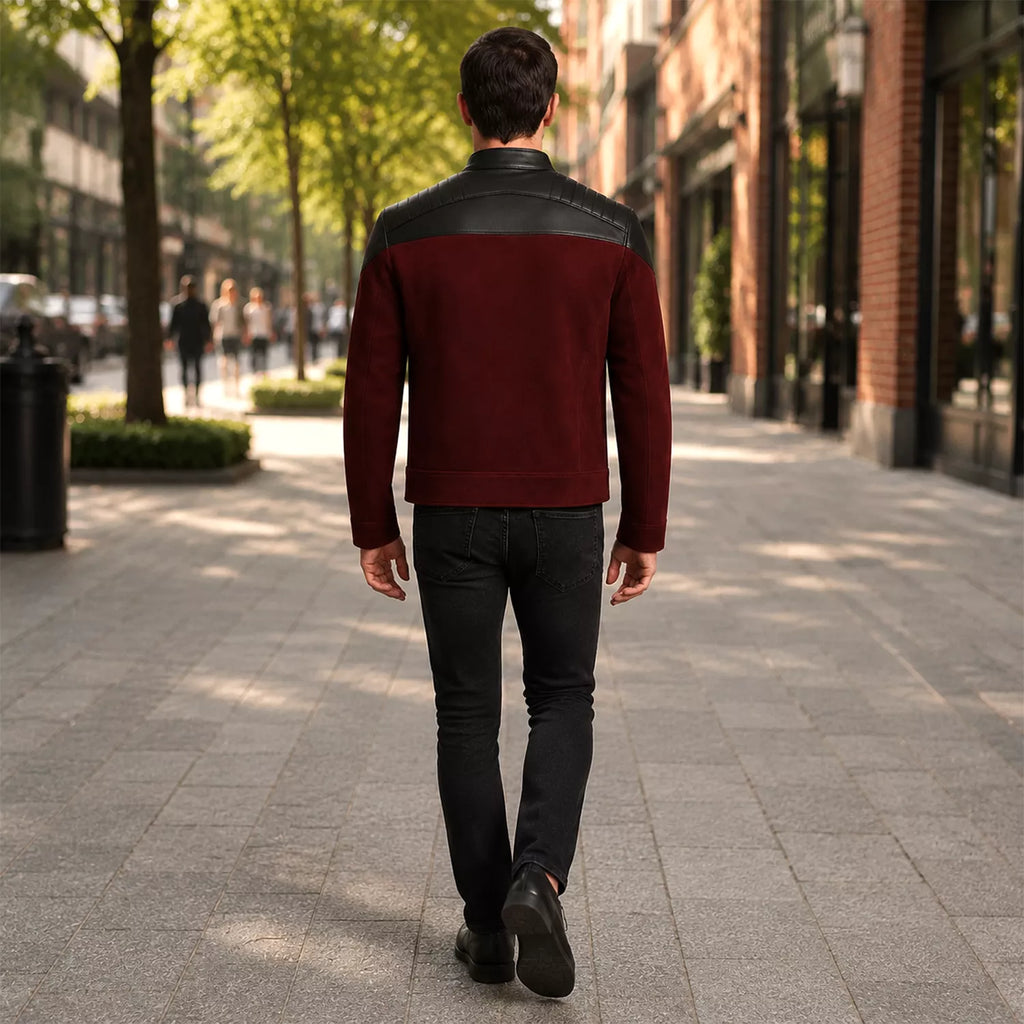 Men's Maroon Suede Leather Cosplay Jacket | Sci-Fi Inspired Cafe Racer Biker Costume