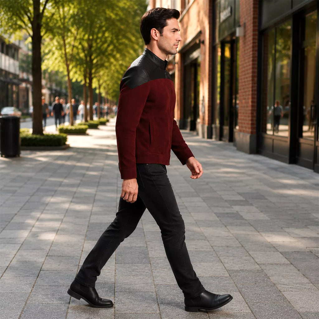 Men's Maroon Suede Leather Cosplay Jacket | Sci-Fi Inspired Cafe Racer Biker Costume