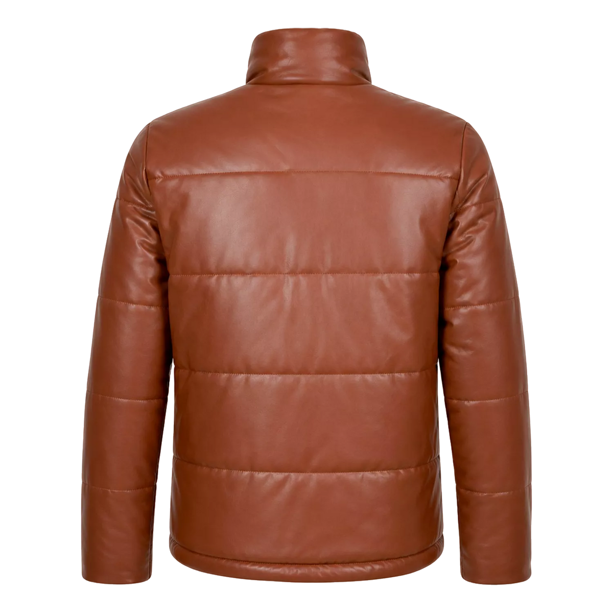 Men’s Cognac Brown Leather Puffer Jacket | Zip-Up Winter Jacket