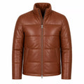 Men’s Cognac Brown Leather Puffer Jacket | Zip-Up Winter Jacket