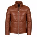 Men’s Cognac Brown Leather Puffer Jacket | Zip-Up Winter Jacket