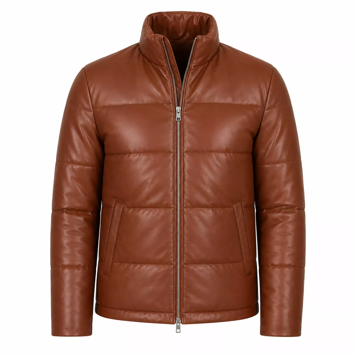 Men’s Cognac Brown Leather Puffer Jacket | Zip-Up Winter Jacket