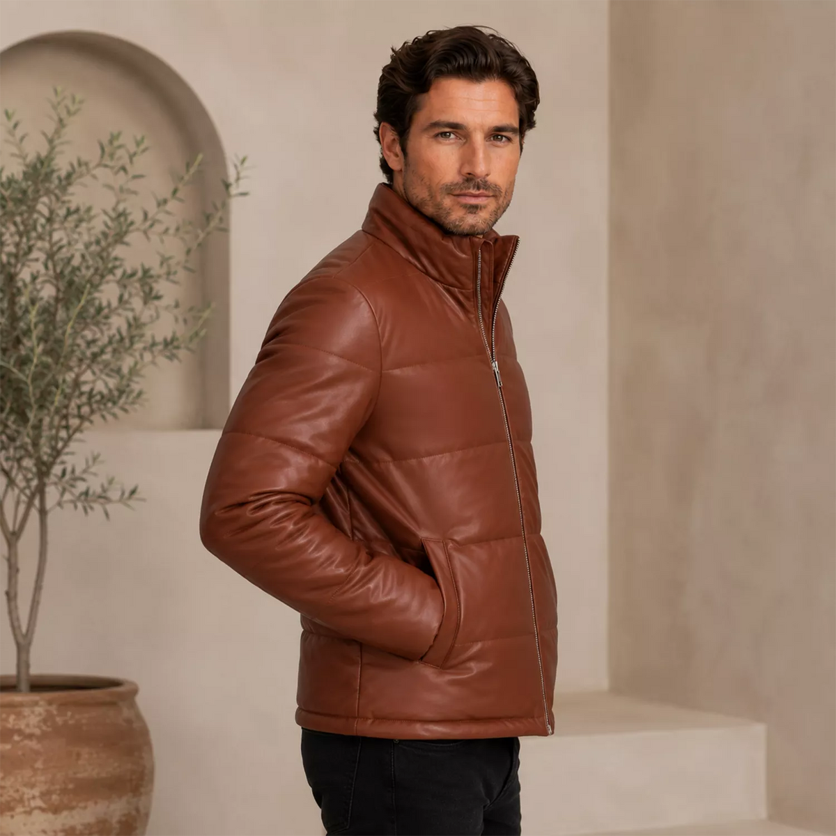 Men’s Cognac Brown Leather Puffer Jacket | Zip-Up Winter Jacket