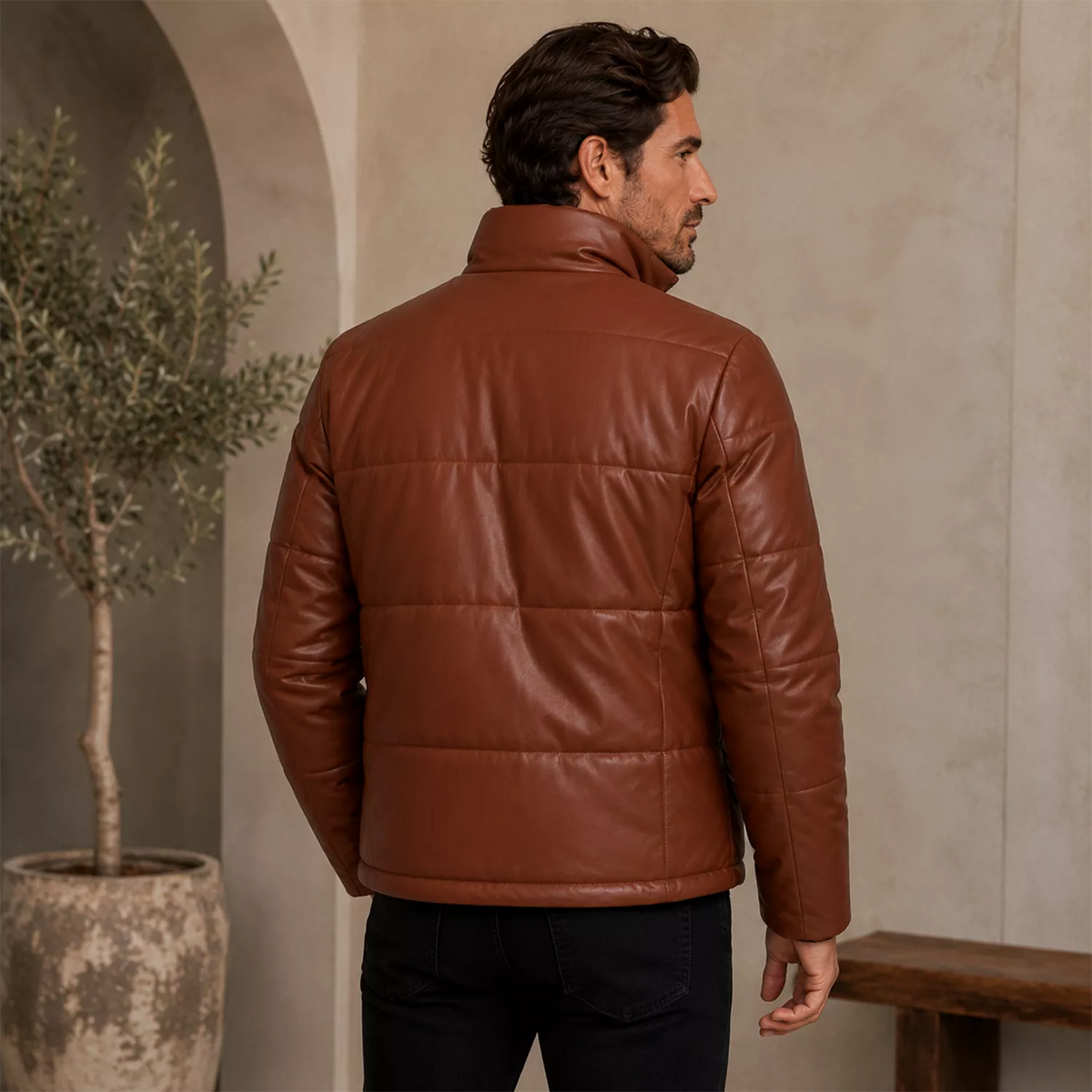 Men’s Cognac Brown Leather Puffer Jacket | Zip-Up Winter Jacket