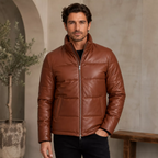 Men’s Cognac Brown Leather Puffer Jacket | Zip-Up Winter Jacket