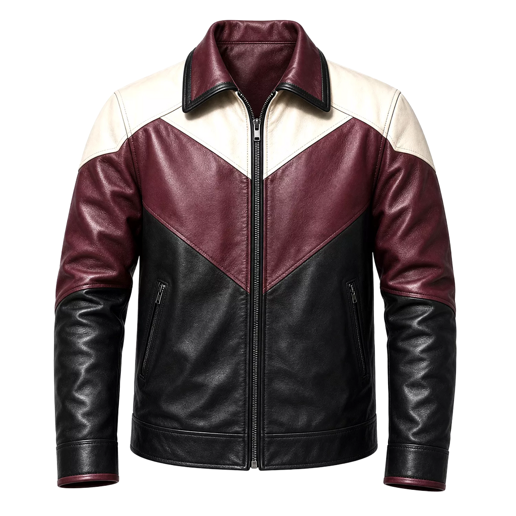 Men’s Colorblock Leather Jacket | Burgundy Black Cream Zip-Up Design