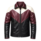 Men’s Colorblock Leather Jacket | Burgundy Black Cream Zip-Up Design