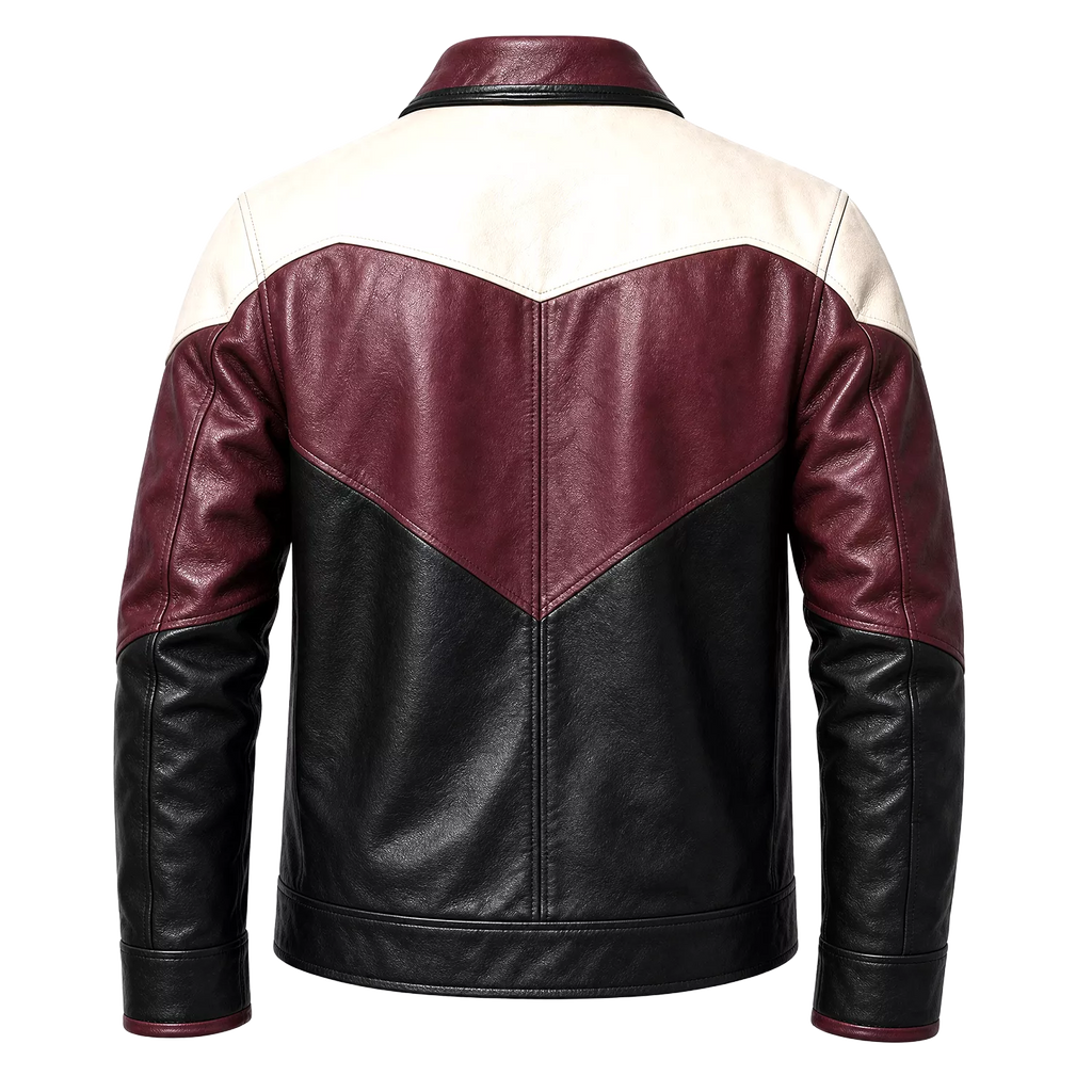 Men’s Colorblock Leather Jacket | Burgundy Black Cream Zip-Up Design