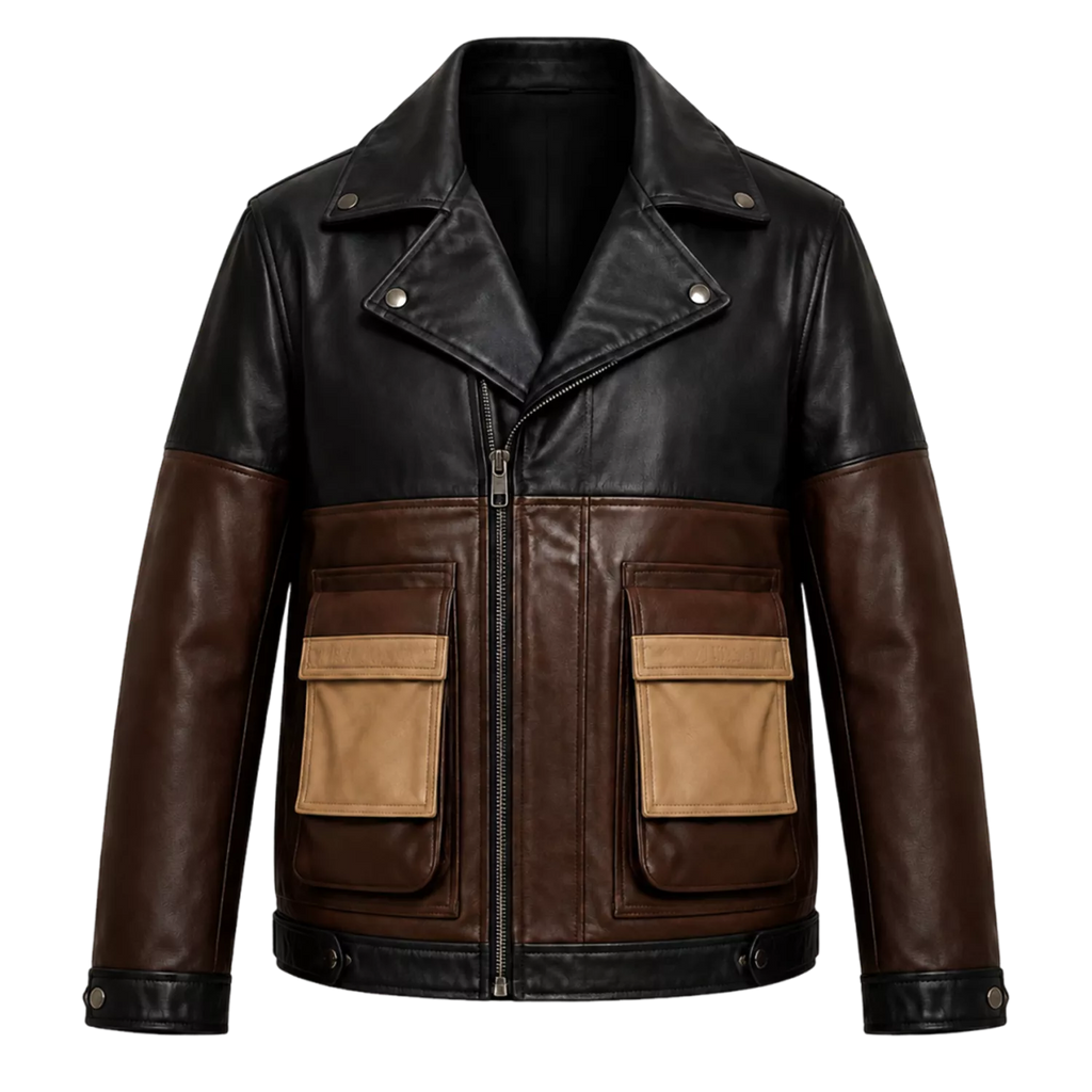 Men’s Colorblock Leather Utility Jacket | Black Brown Tan Biker Style