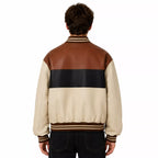 Men’s Cream Brown Black Colorblock Leather Bomber Jacket