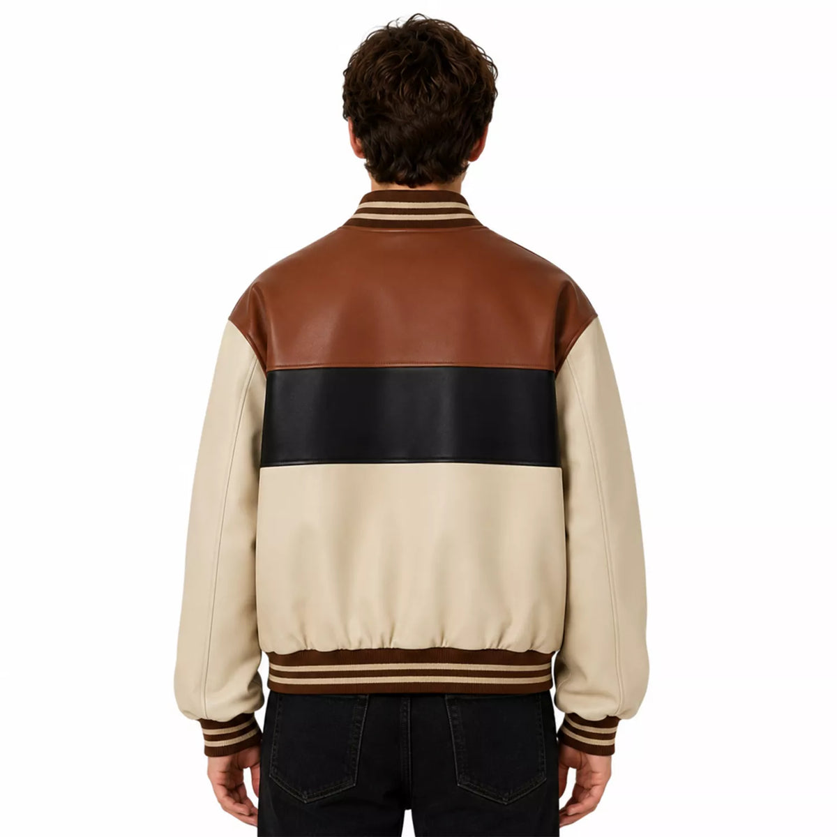 Men’s Cream Brown Black Colorblock Leather Bomber Jacket