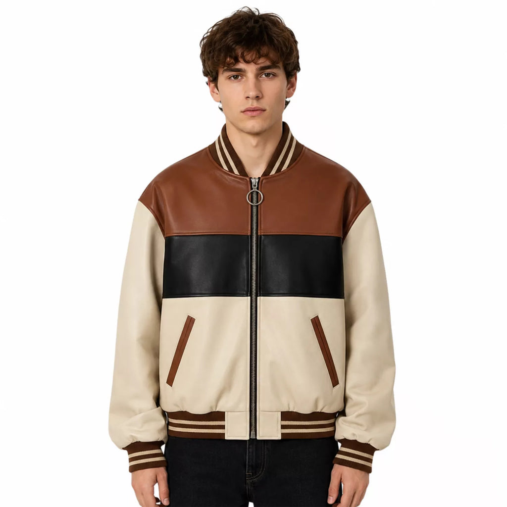 Men’s Cream Brown Black Colorblock Leather Bomber Jacket