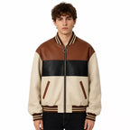 Men’s Cream Brown Black Colorblock Leather Bomber Jacket