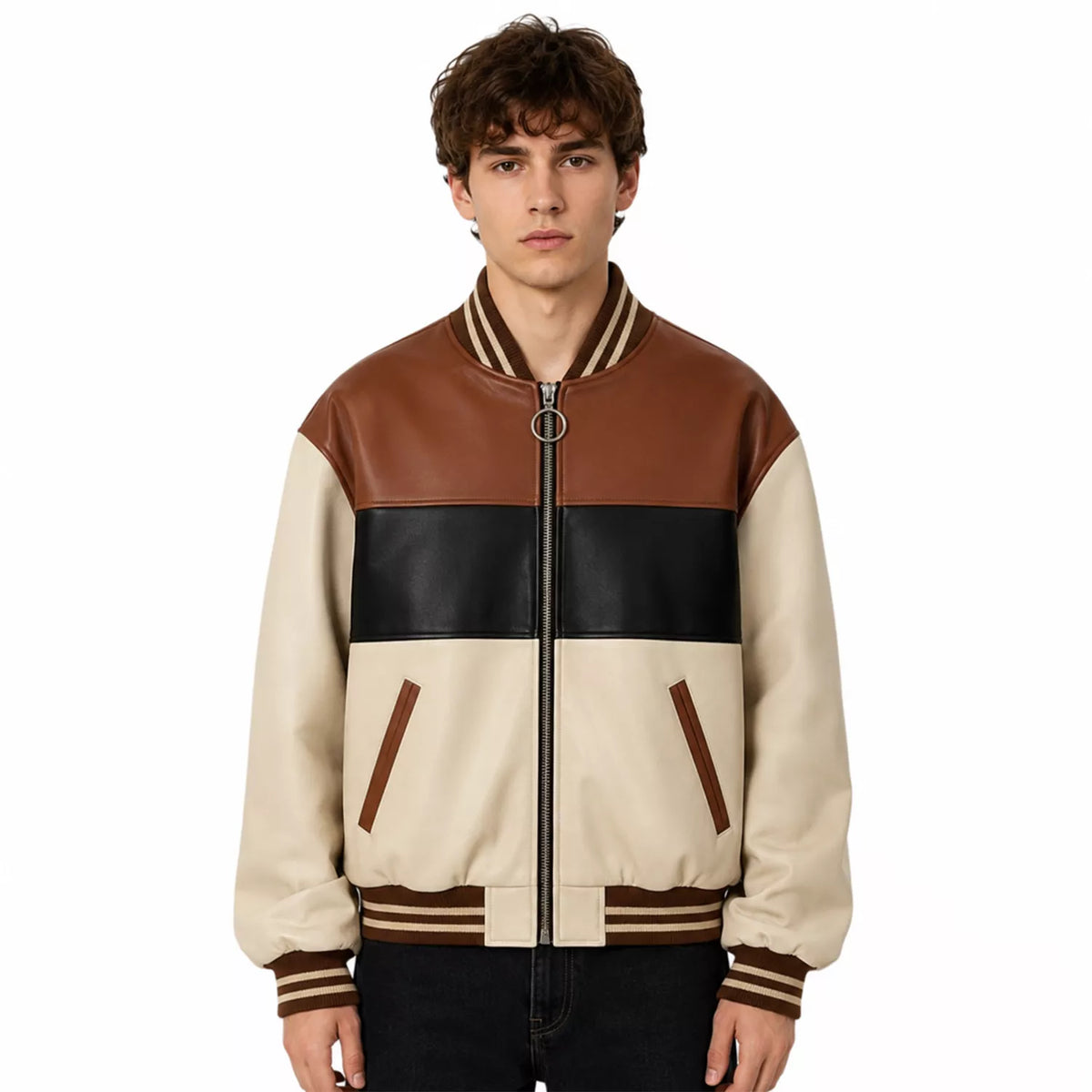 Men’s Cream Brown Black Colorblock Leather Bomber Jacket