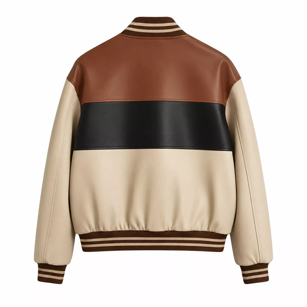 Men’s Cream Brown Black Colorblock Leather Bomber Jacket