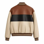 Men’s Cream Brown Black Colorblock Leather Bomber Jacket
