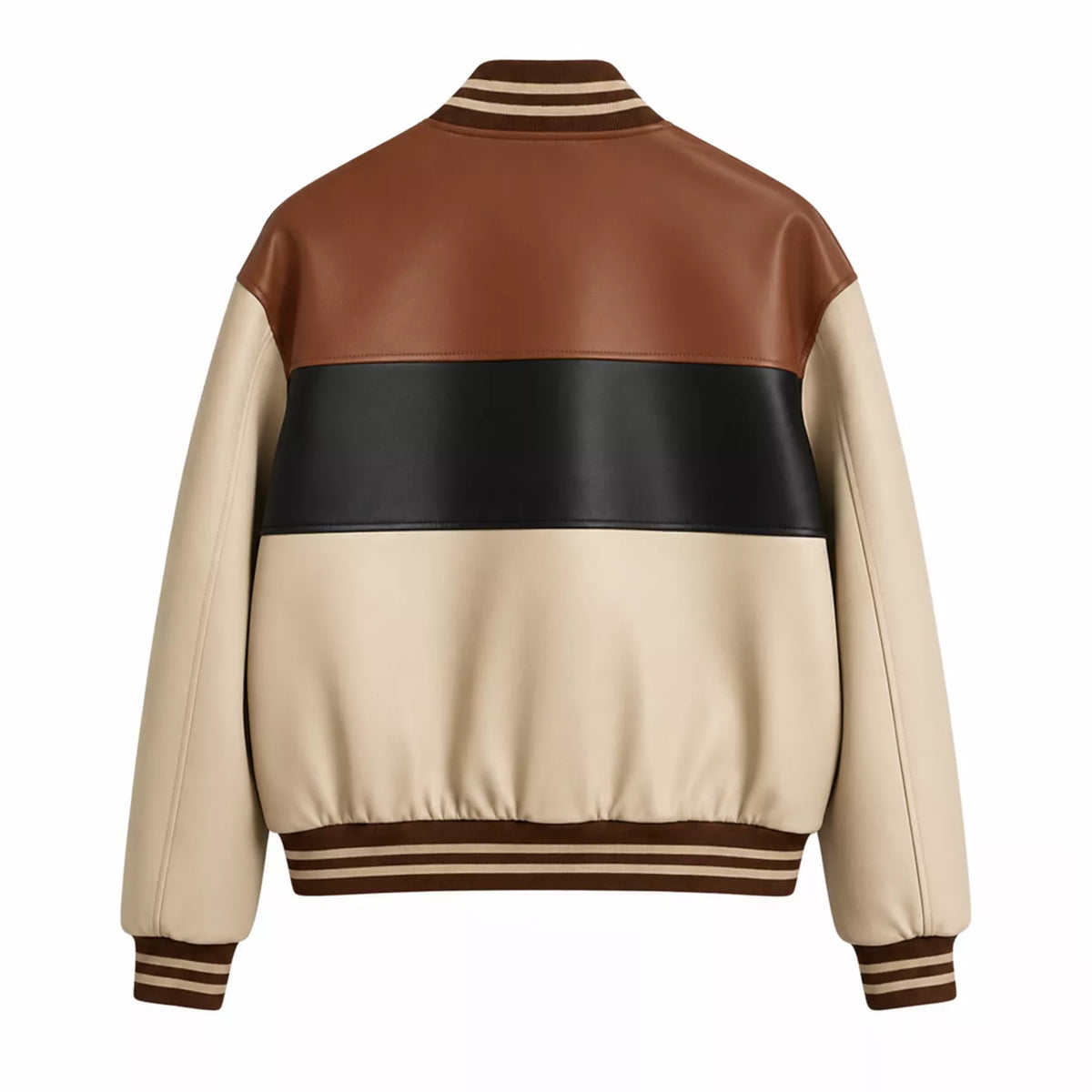 Men’s Cream Brown Black Colorblock Leather Bomber Jacket