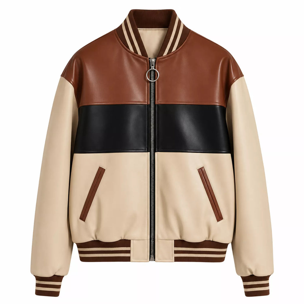 Men’s Cream Brown Black Colorblock Leather Bomber Jacket