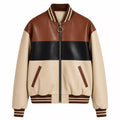 Men’s Cream Brown Black Colorblock Leather Bomber Jacket