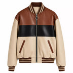 Men’s Cream Brown Black Colorblock Leather Bomber Jacket