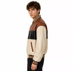 Men’s Cream Brown Black Colorblock Leather Bomber Jacket