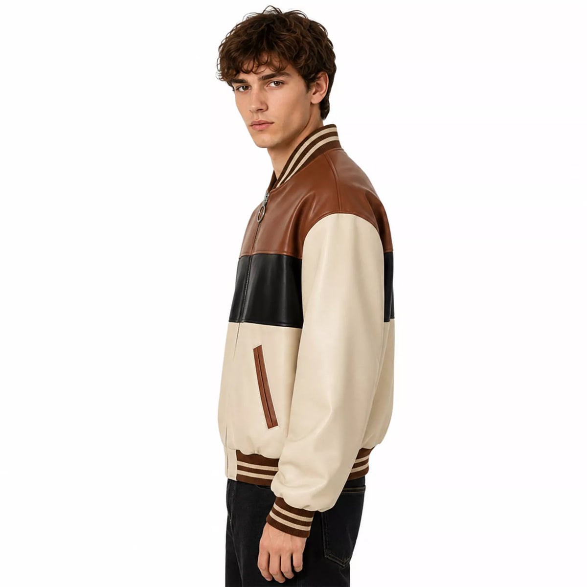 Men’s Cream Brown Black Colorblock Leather Bomber Jacket