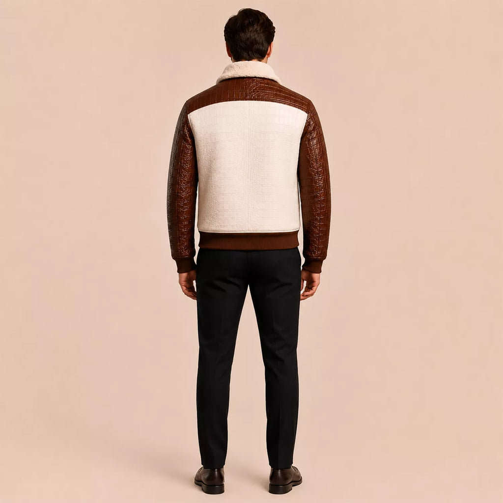 Men’s Cream Brown Croc Texture Leather Bomber Jacket