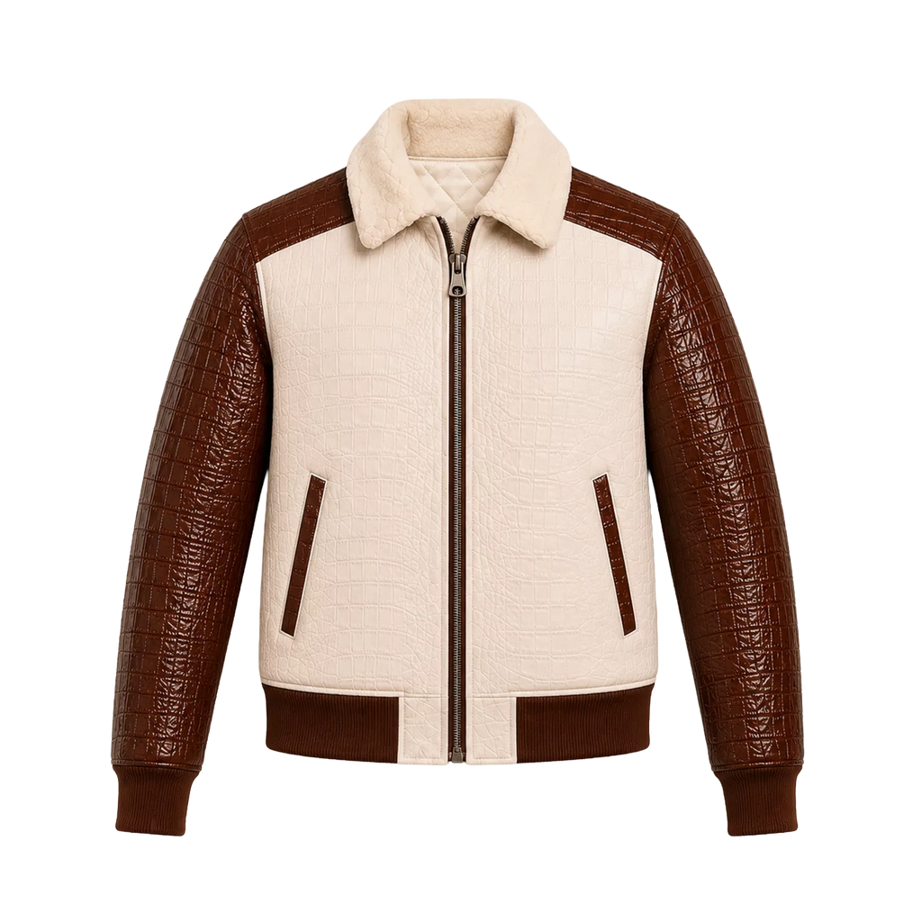 Men’s Cream Brown Croc Texture Leather Bomber Jacket
