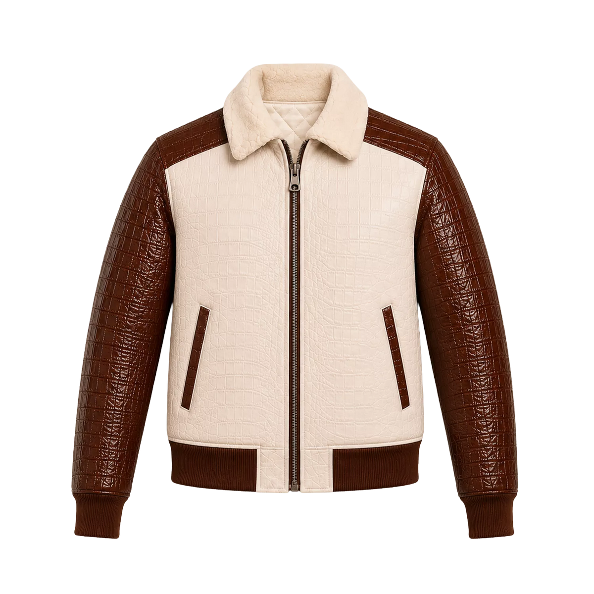 Men’s Cream Brown Croc Texture Leather Bomber Jacket