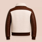 Men’s Cream Brown Croc Texture Leather Bomber Jacket