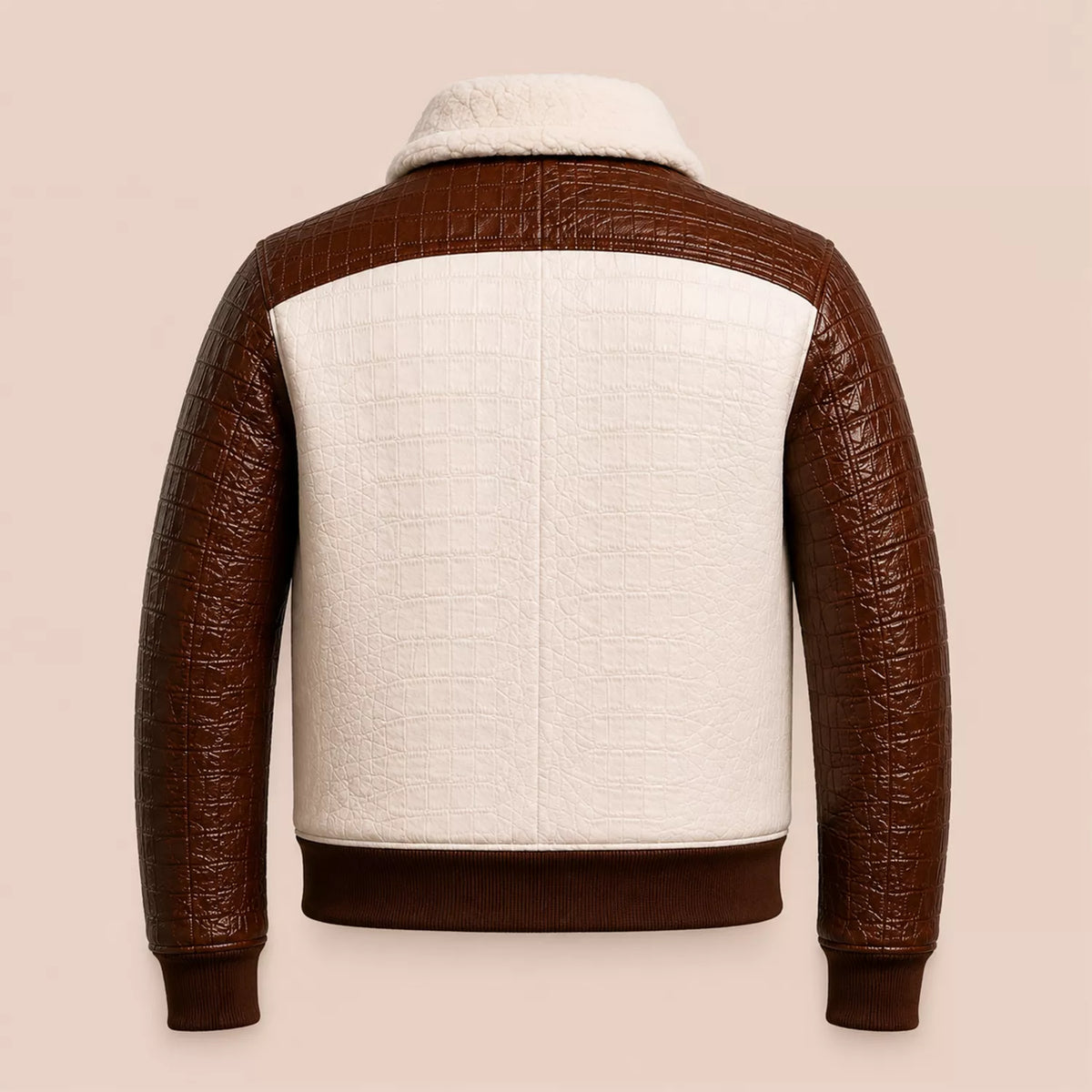Men’s Cream Brown Croc Texture Leather Bomber Jacket