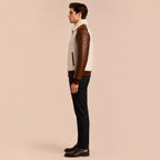 Men’s Cream Brown Croc Texture Leather Bomber Jacket