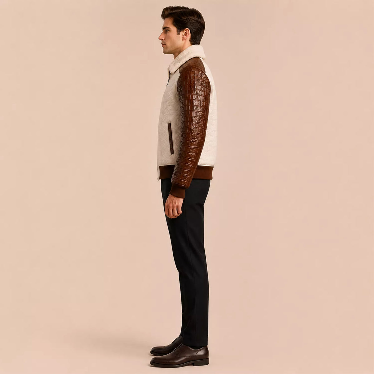 Men’s Cream Brown Croc Texture Leather Bomber Jacket