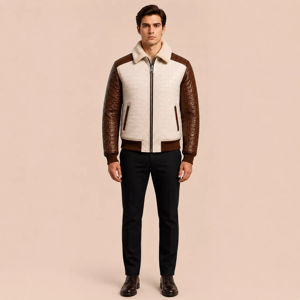 Men’s Cream Brown Croc Texture Leather Bomber Jacket
