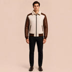 Men’s Cream Brown Croc Texture Leather Bomber Jacket