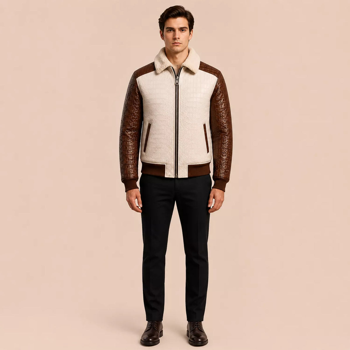 Men’s Cream Brown Croc Texture Leather Bomber Jacket